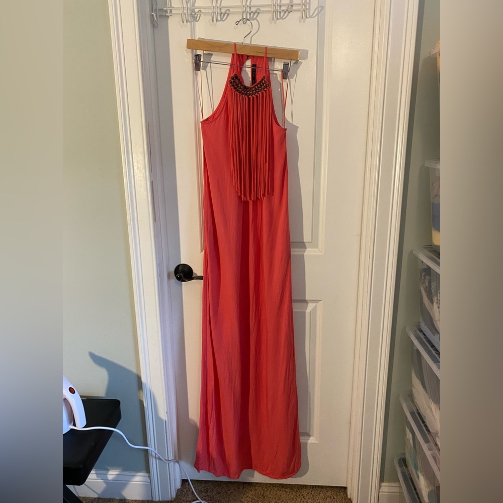 Zara Coral Fringe Halter Maxi Dress Metal Beading